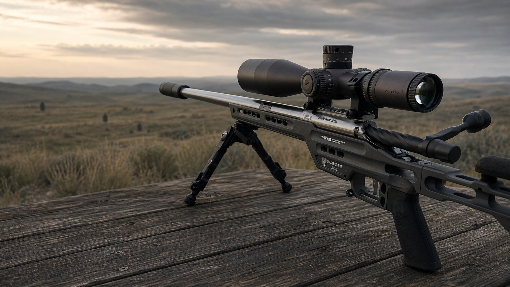Precision bolt-action rifle with a Vortex scope overlooking a long-range shooting area
